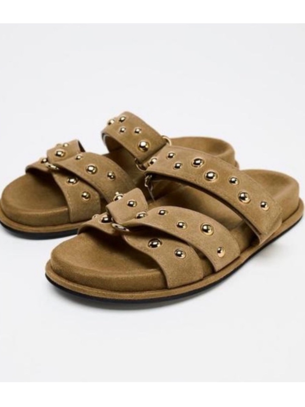 Zara Tan Studded Double-Strap Slide Sandals